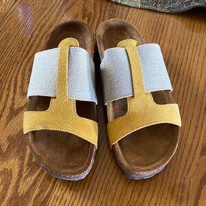 Woman Yellow (suede) and Gray (linen) Sandals.  New never worn.  Paid $165